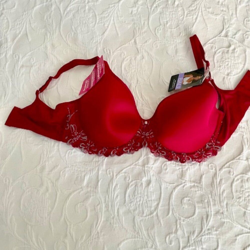 NWT Bali Padded Shaped Red Gray Lace Adjustable Bra Size 36D